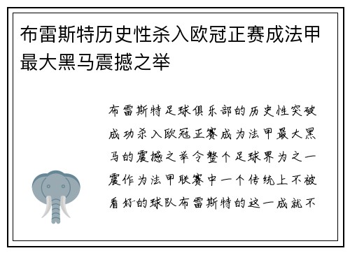 布雷斯特历史性杀入欧冠正赛成法甲最大黑马震撼之举 布雷斯特历史性杀入欧冠正赛成法甲最大黑马震撼之举